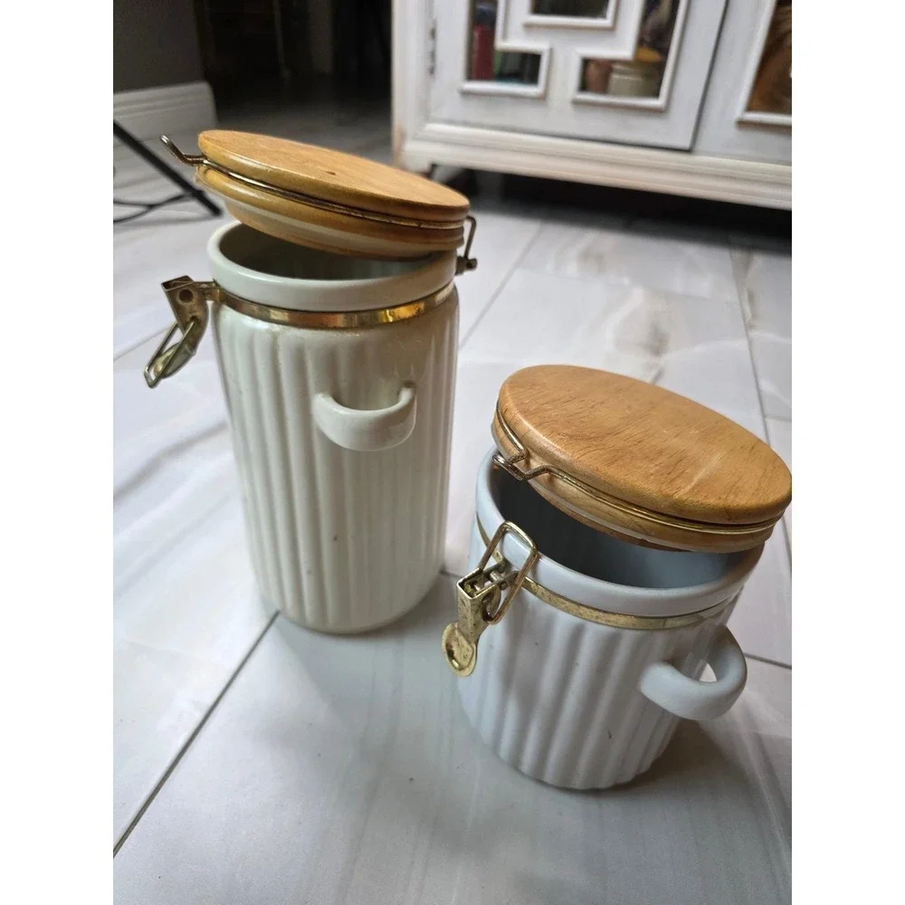 Vintage Ceramic Canister Set‎ Wood Lids Clamp Latch Farmhouse Kitchen Storage B2